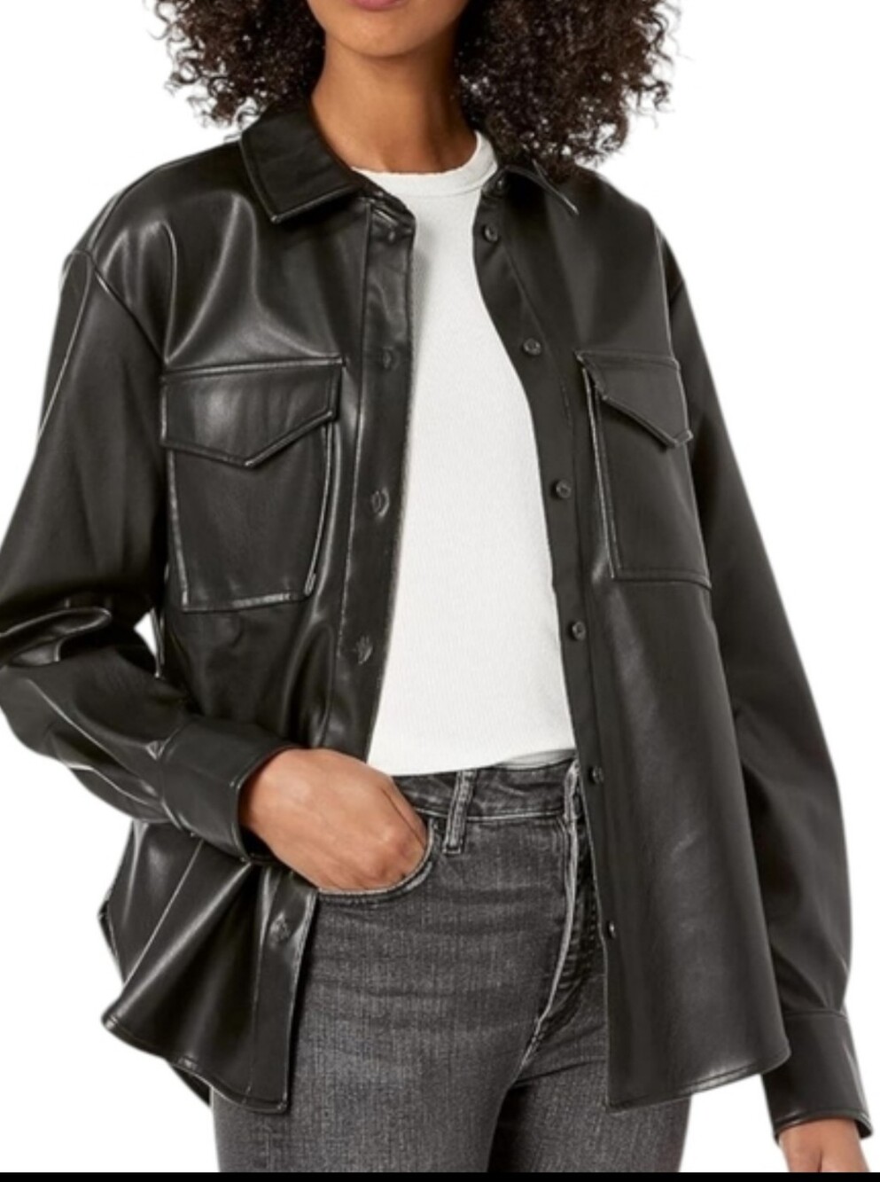 The Drop Black Vegan Leather Jacket/ Shirt Minimalist Capsule Wardrobe Long Sz S